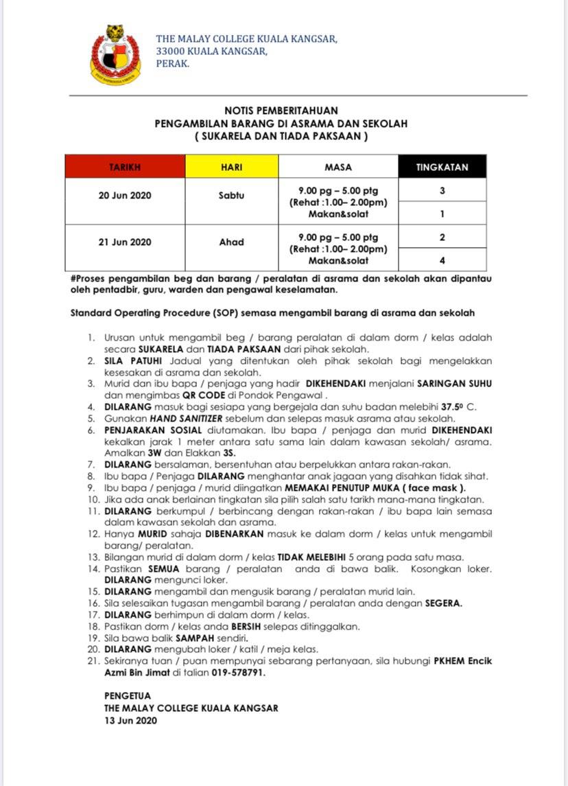 Notis Pemberitahuan Sop Pengambilan Barang Peralatan Peribadi Di Asrama Dan Kelas Sukarela Tiada Paksaan The Malay College Kuala Kangsar